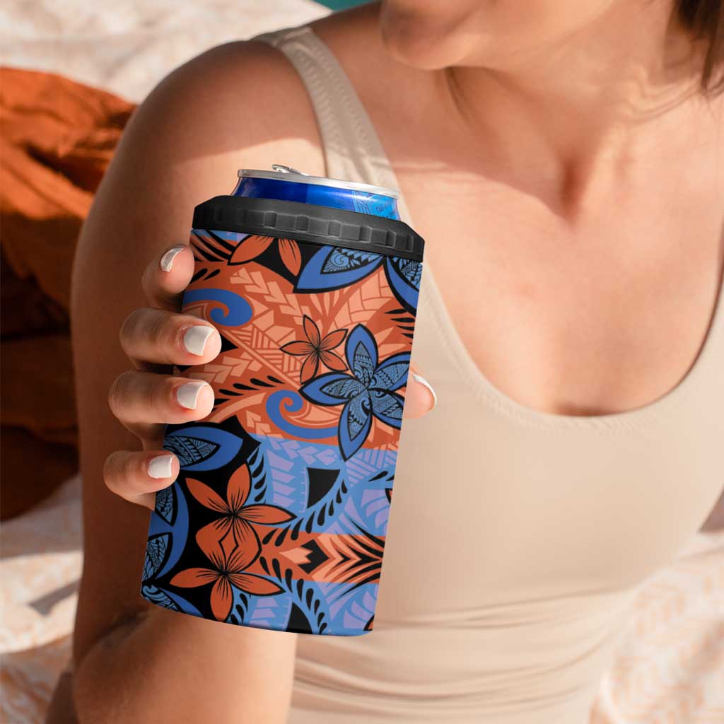 Plumeria Polynesian Pattern 4 in 1 Can Cooler Tumbler Unique Fantasy Orange Blue