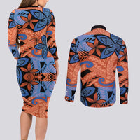Plumeria Polynesian Pattern Couples Matching Long Sleeve Bodycon Dress and Long Sleeve Button Shirt Unique Fantasy Orange Blue