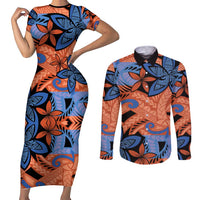 Plumeria Polynesian Pattern Couples Matching Short Sleeve Bodycon Dress and Long Sleeve Button Shirt Unique Fantasy Orange Blue
