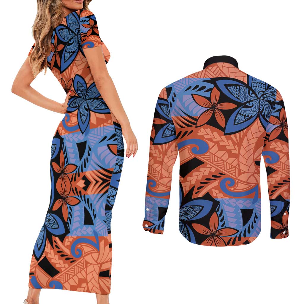 Plumeria Polynesian Pattern Couples Matching Short Sleeve Bodycon Dress and Long Sleeve Button Shirt Unique Fantasy Orange Blue