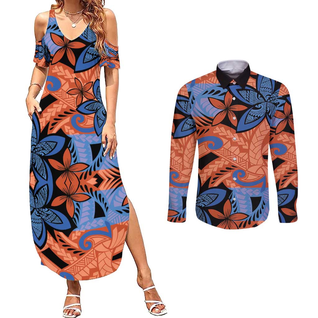 Plumeria Polynesian Pattern Couples Matching Summer Maxi Dress and Long Sleeve Button Shirt Unique Fantasy Orange Blue