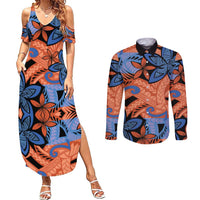 Plumeria Polynesian Pattern Couples Matching Summer Maxi Dress and Long Sleeve Button Shirt Unique Fantasy Orange Blue