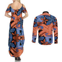 Plumeria Polynesian Pattern Couples Matching Summer Maxi Dress and Long Sleeve Button Shirt Unique Fantasy Orange Blue