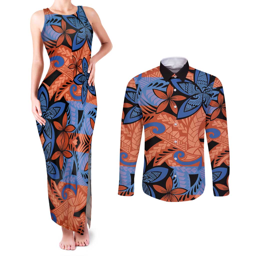 Plumeria Polynesian Pattern Couples Matching Tank Maxi Dress and Long Sleeve Button Shirt Unique Fantasy Orange Blue