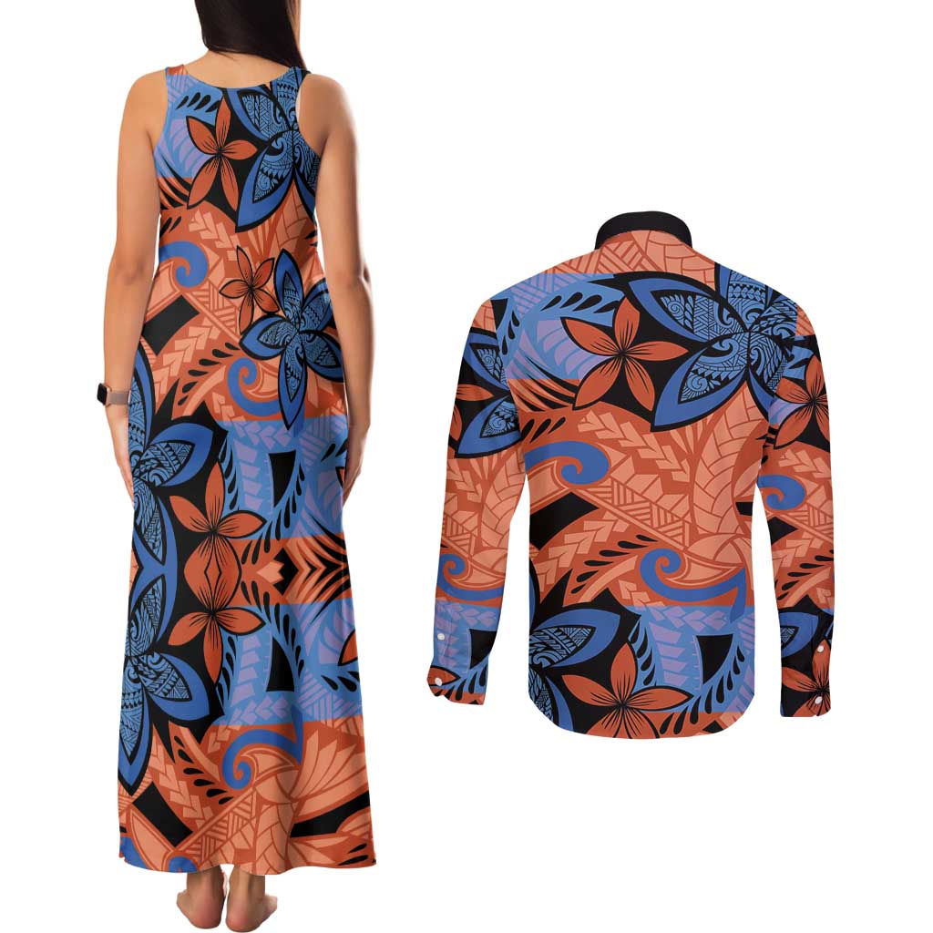 Plumeria Polynesian Pattern Couples Matching Tank Maxi Dress and Long Sleeve Button Shirt Unique Fantasy Orange Blue