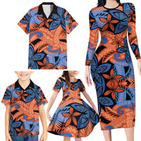 Plumeria Polynesian Pattern Family Matching Long Sleeve Bodycon Dress and Hawaiian Shirt Unique Fantasy Orange Blue LT01 - Polynesian Pride