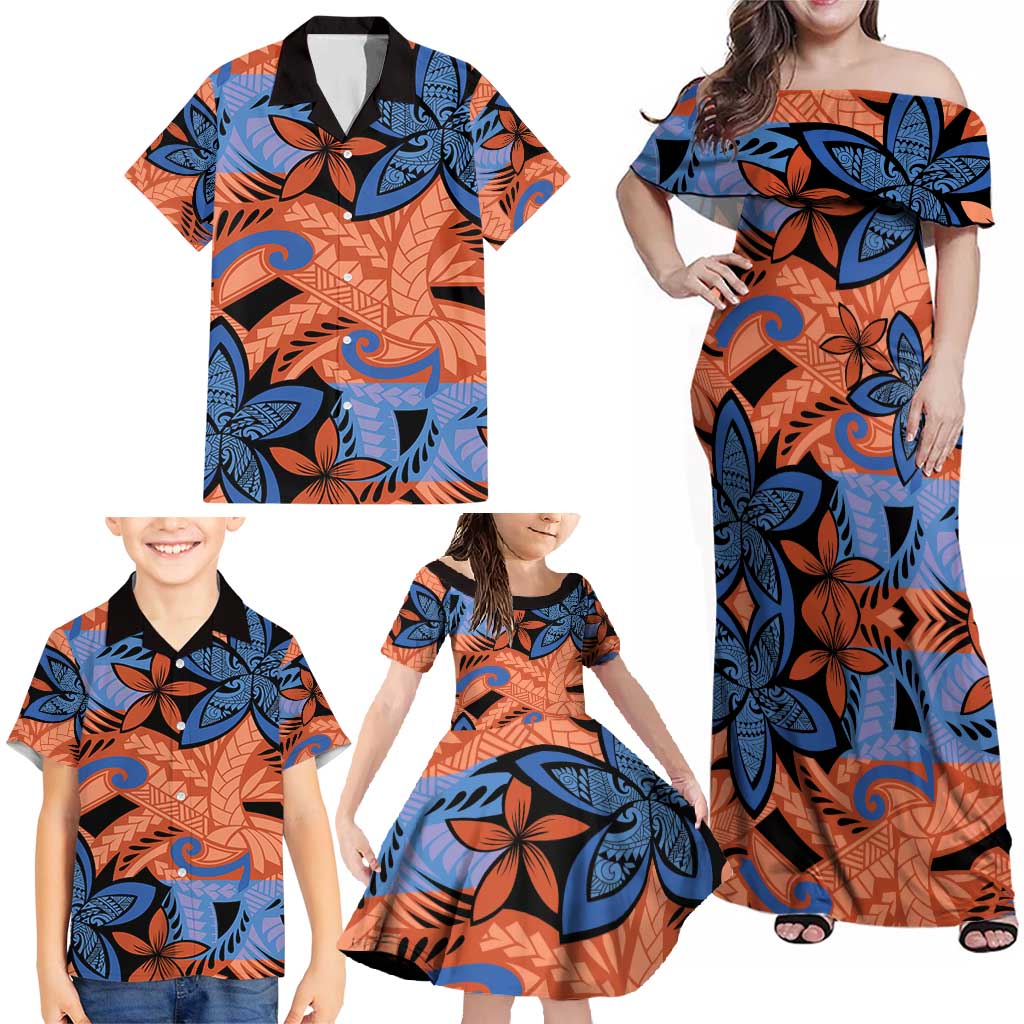 Plumeria Polynesian Pattern Family Matching Off Shoulder Maxi Dress and Hawaiian Shirt Unique Fantasy Orange Blue
