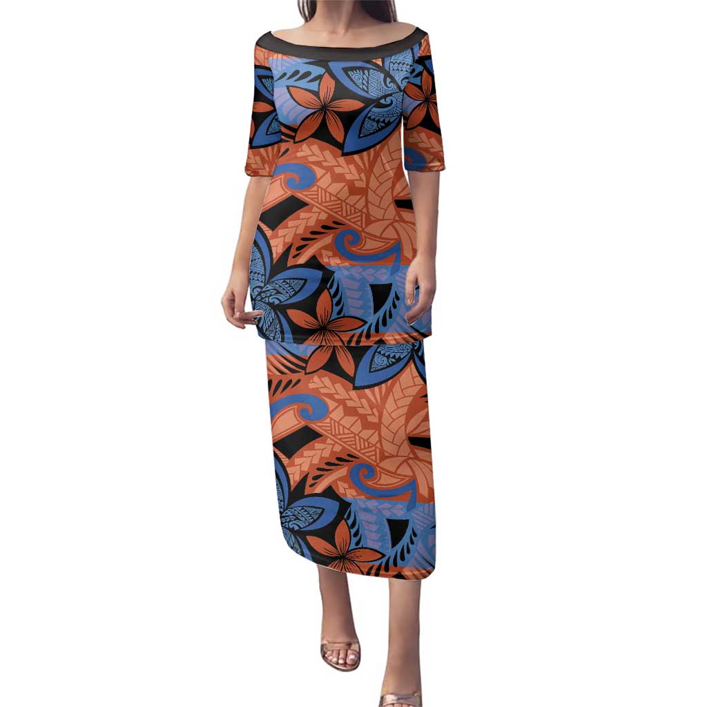 Plumeria Polynesian Pattern Family Matching Puletasi and Hawaiian Shirt Unique Fantasy Orange Blue