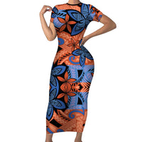 Plumeria Polynesian Pattern Family Matching Short Sleeve Bodycon Dress and Hawaiian Shirt Unique Fantasy Orange Blue LT01 Mom's Dress Orange - Polynesian Pride
