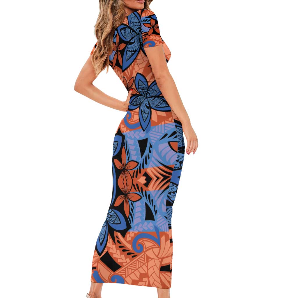 Plumeria Polynesian Pattern Family Matching Short Sleeve Bodycon Dress and Hawaiian Shirt Unique Fantasy Orange Blue LT01 - Polynesian Pride