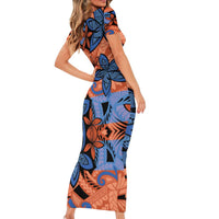 Plumeria Polynesian Pattern Family Matching Short Sleeve Bodycon Dress and Hawaiian Shirt Unique Fantasy Orange Blue LT01 - Polynesian Pride