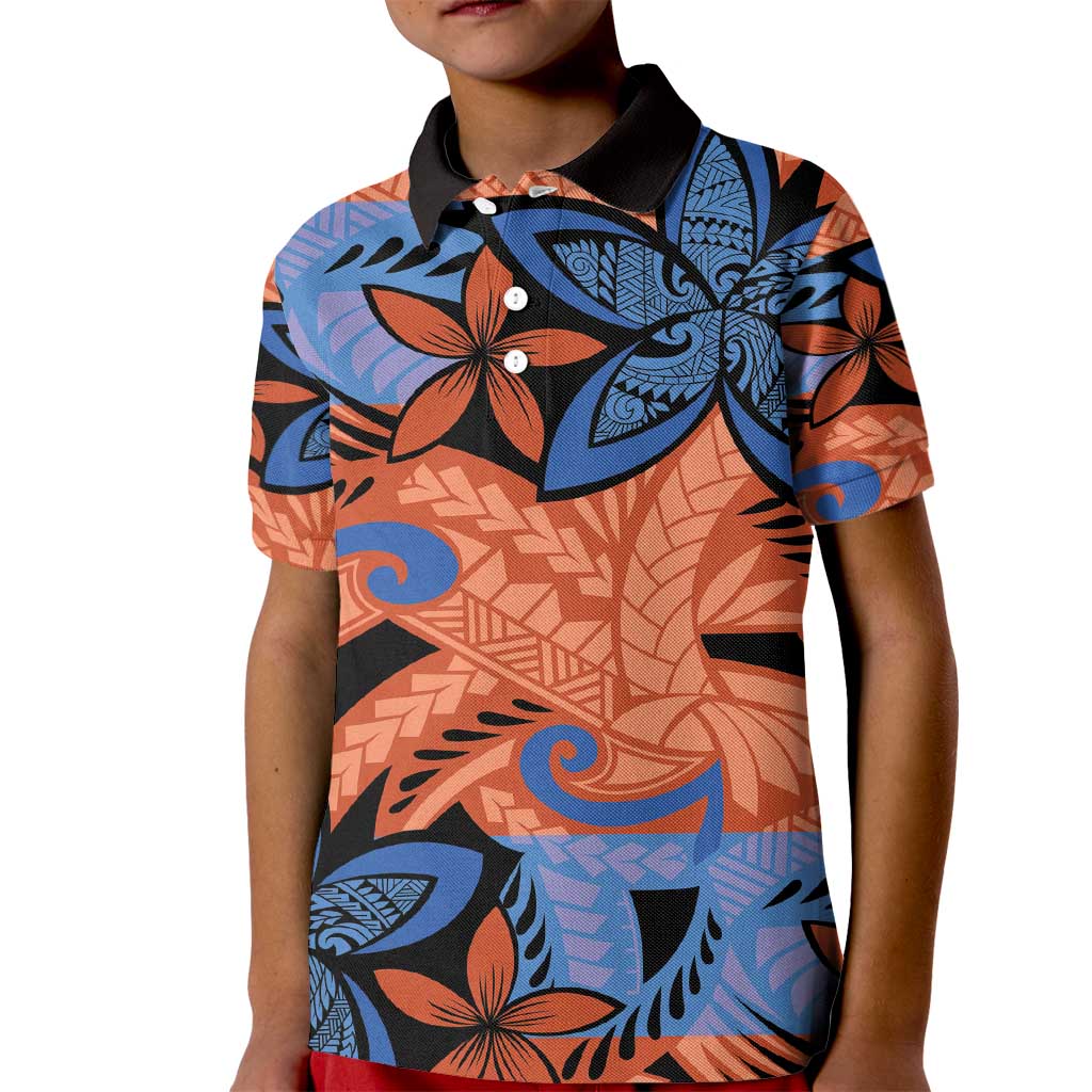 Plumeria Polynesian Pattern Kid Polo Shirt Unique Fantasy Orange Blue