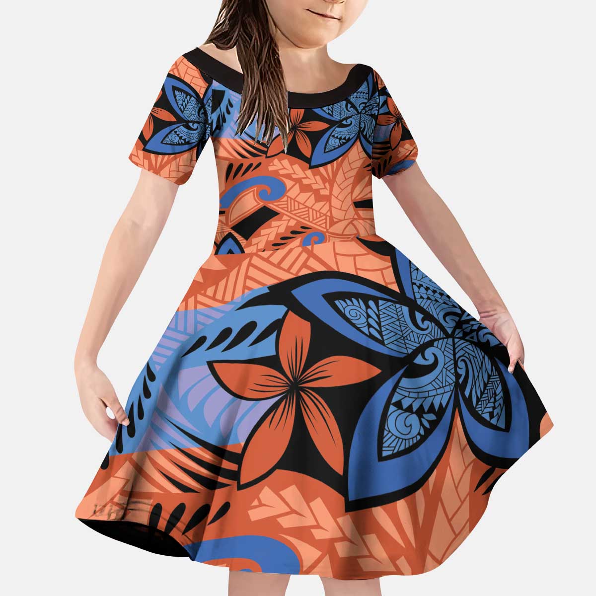 Plumeria Polynesian Pattern Kid Short Sleeve Dress Unique Fantasy Orange Blue