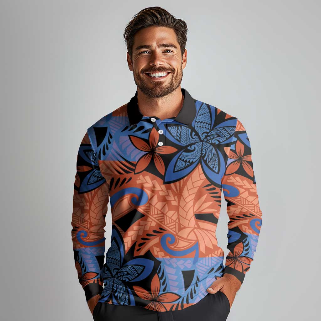 Plumeria Polynesian Pattern Long Sleeve Polo Shirt Unique Fantasy Orange Blue