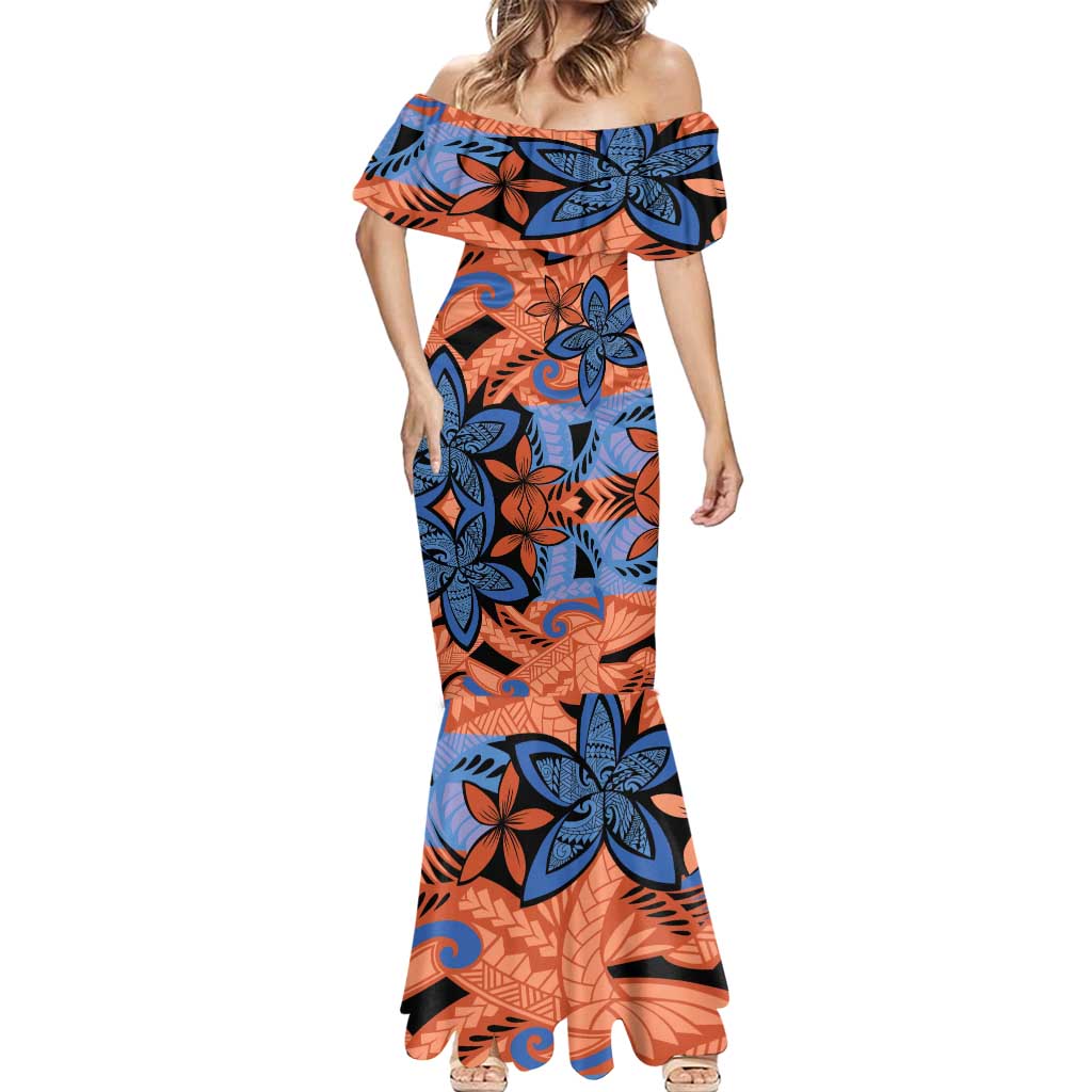 Plumeria Polynesian Pattern Mermaid Dress Unique Fantasy Orange Blue