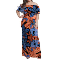 Plumeria Polynesian Pattern Off Shoulder Maxi Dress Unique Fantasy Orange Blue