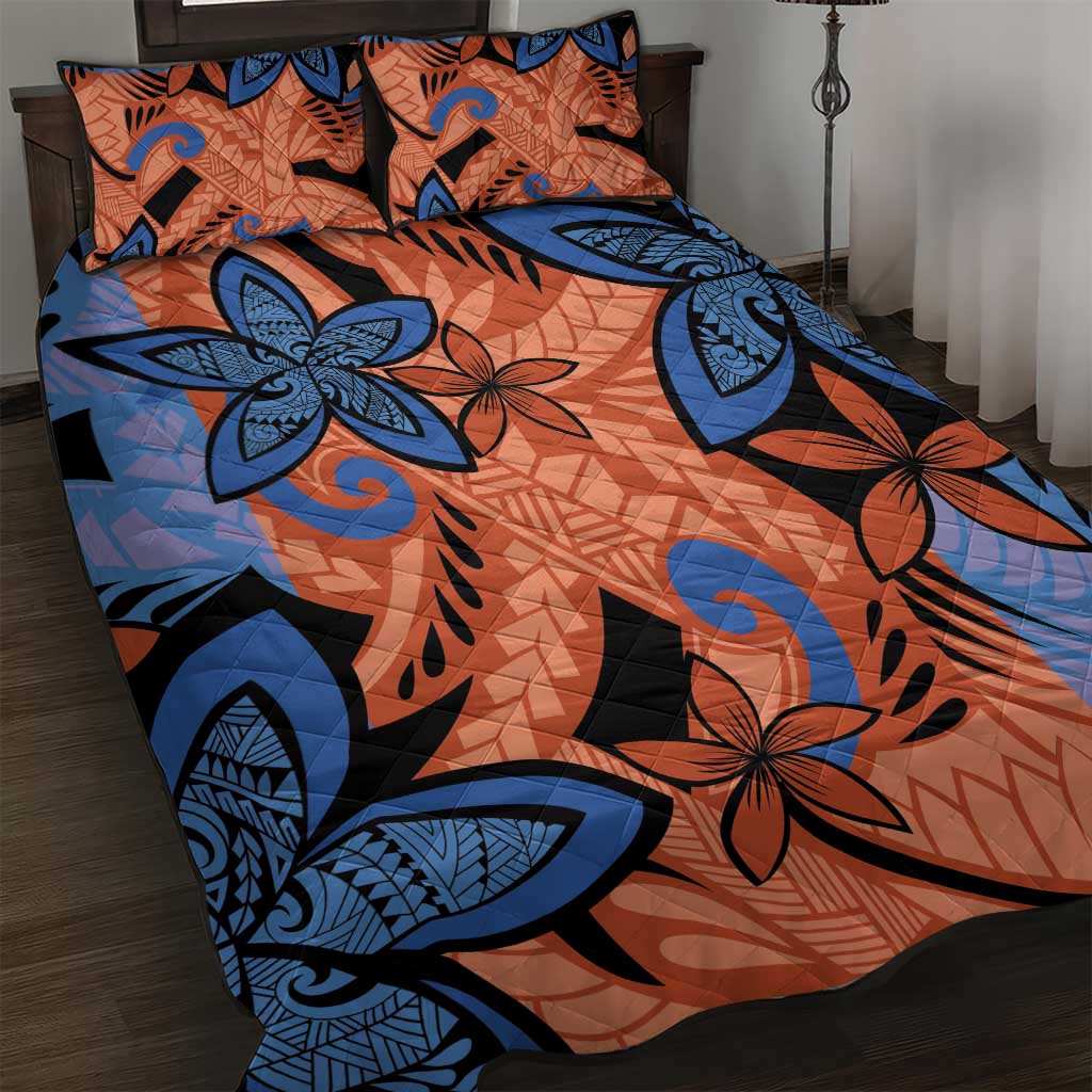 Plumeria Polynesian Pattern Quilt Bed Set Unique Fantasy Orange Blue