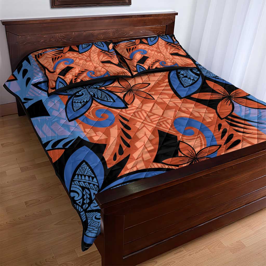Plumeria Polynesian Pattern Quilt Bed Set Unique Fantasy Orange Blue