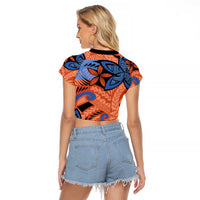 Plumeria Polynesian Pattern Raglan Cropped T Shirt Unique Fantasy Orange Blue