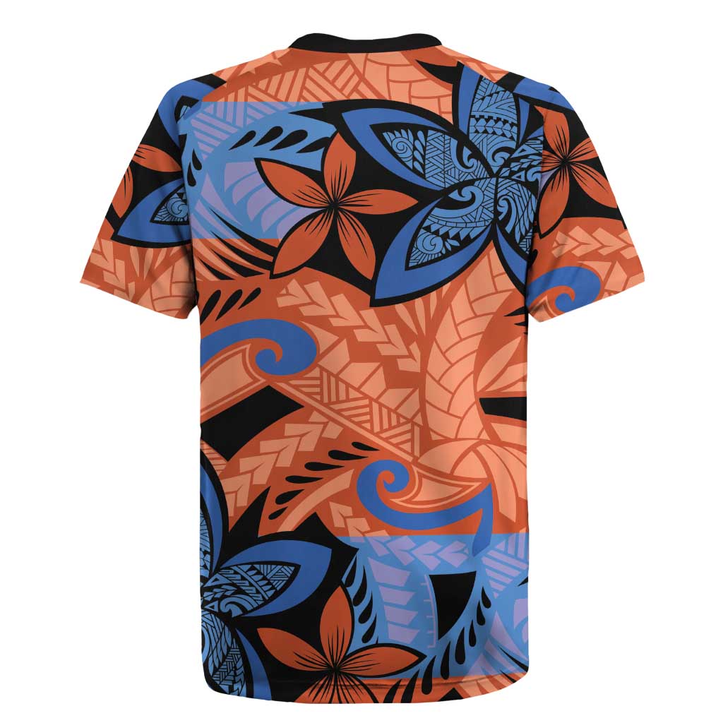 Plumeria Polynesian Pattern Rugby Jersey Unique Fantasy Orange Blue