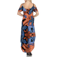 Plumeria Polynesian Pattern Summer Maxi Dress Unique Fantasy Orange Blue