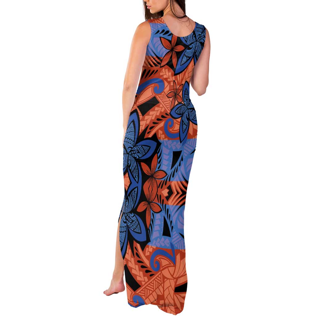 Plumeria Polynesian Pattern Tank Maxi Dress Unique Fantasy Orange Blue