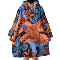 Plumeria Polynesian Pattern Wearable Blanket Hoodie Unique Fantasy Orange Blue