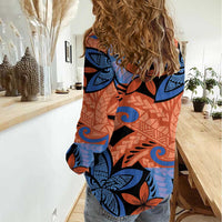 Plumeria Polynesian Pattern Women Casual Shirt Unique Fantasy Orange Blue LT01 - Polynesian Pride
