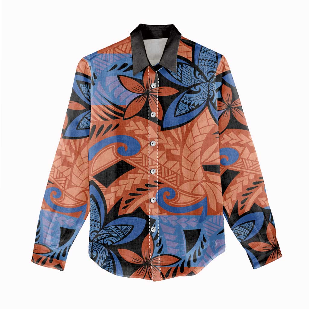 Plumeria Polynesian Pattern Women Casual Shirt Unique Fantasy Orange Blue LT01 - Polynesian Pride