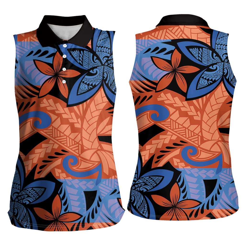 Plumeria Polynesian Pattern Women Sleeveless Polo Shirt Unique Fantasy Orange Blue LT01 - Polynesian Pride