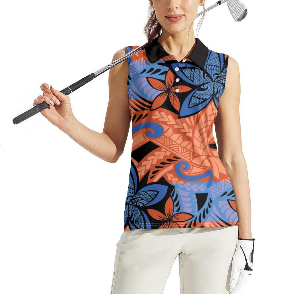 Plumeria Polynesian Pattern Women Sleeveless Polo Shirt Unique Fantasy Orange Blue LT01 - Polynesian Pride