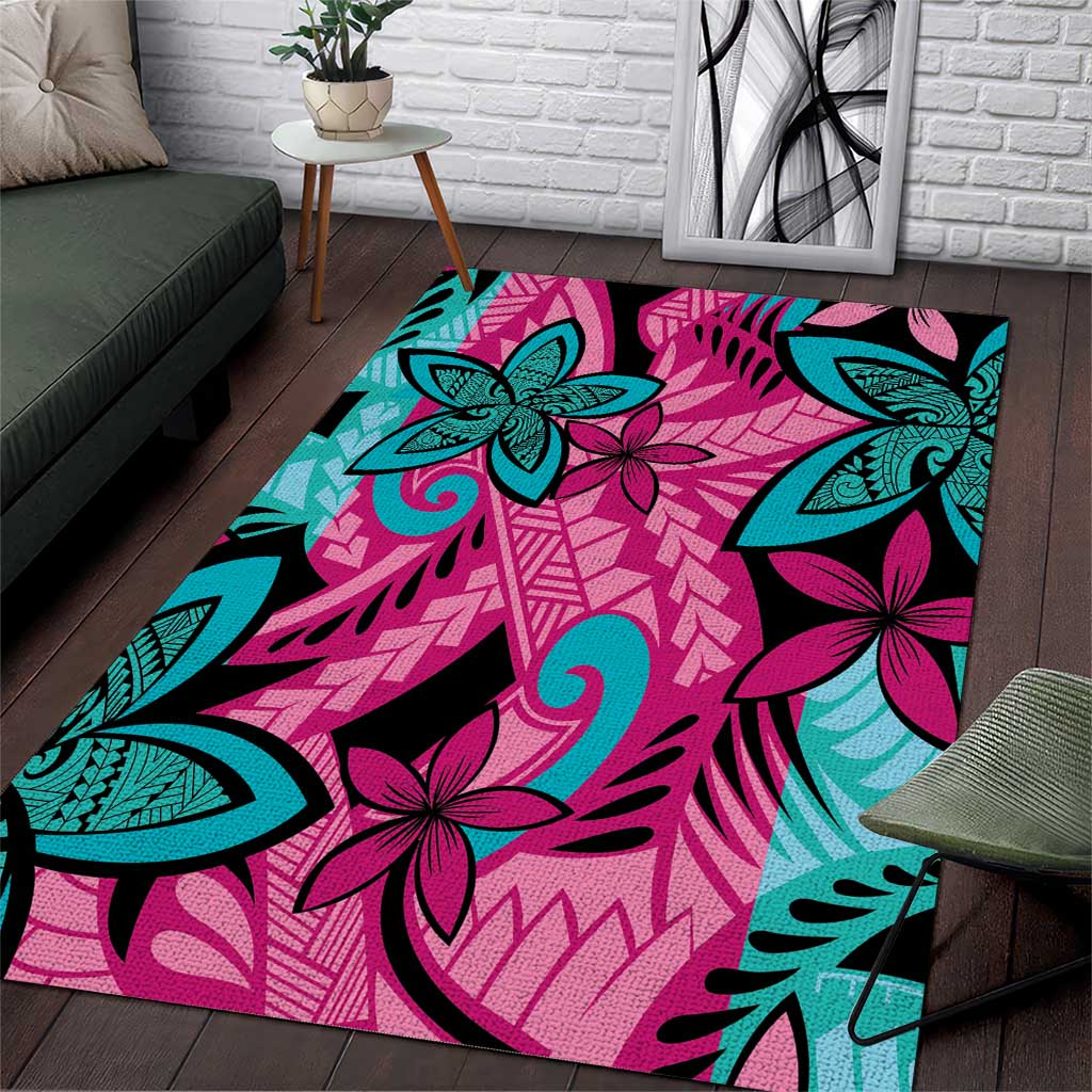 Plumeria Polynesian Pattern Area Rug Unique Fantasy Pink Teal