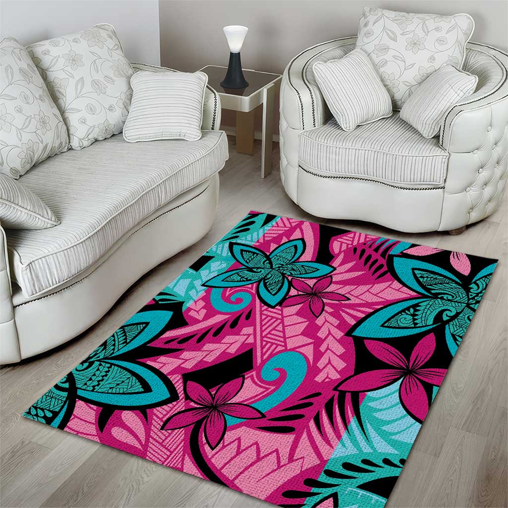 Plumeria Polynesian Pattern Area Rug Unique Fantasy Pink Teal