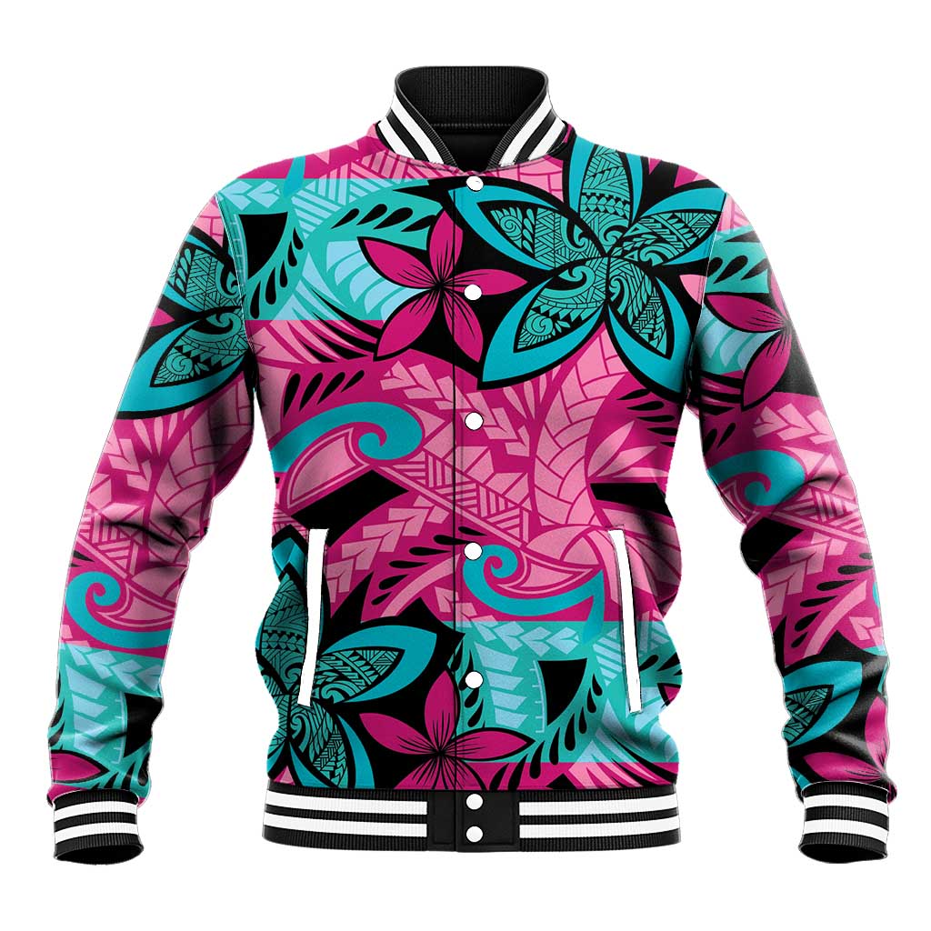 Plumeria Polynesian Pattern Baseball Jacket Unique Fantasy Pink Teal