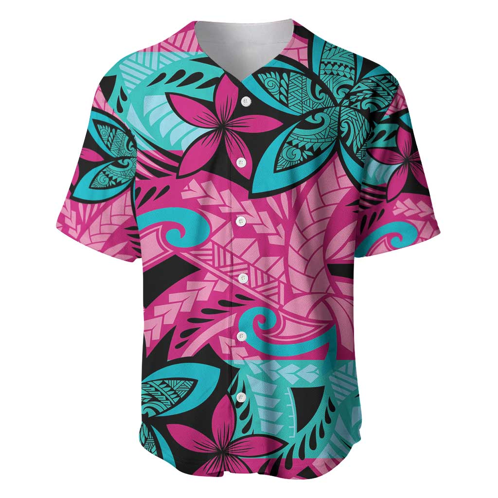 Plumeria Polynesian Pattern Baseball Jersey Unique Fantasy Pink Teal LT01 Pink - Polynesian Pride