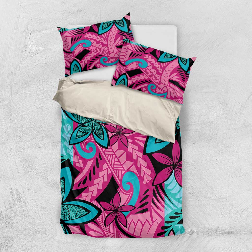Plumeria Polynesian Pattern Bedding Set Unique Fantasy Pink Teal
