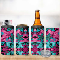 Plumeria Polynesian Pattern 4 in 1 Can Cooler Tumbler Unique Fantasy Pink Teal