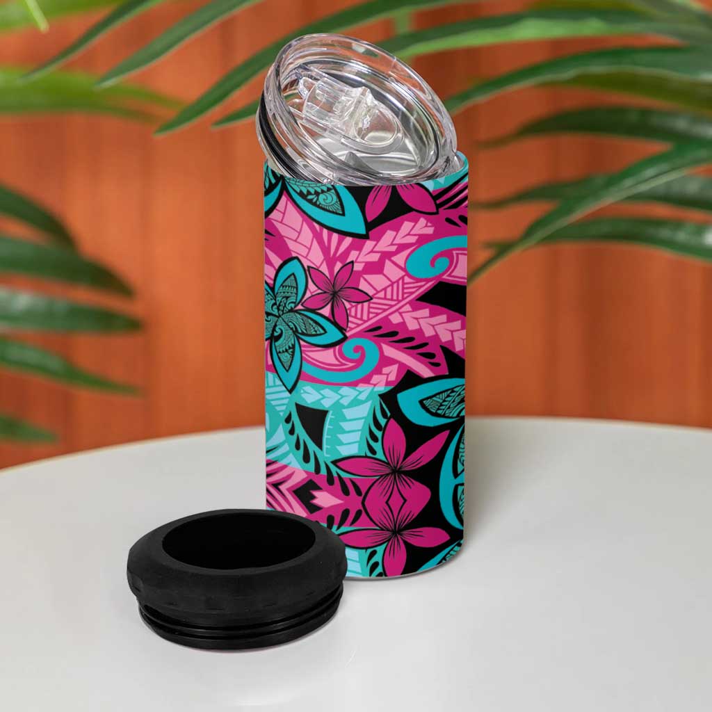 Plumeria Polynesian Pattern 4 in 1 Can Cooler Tumbler Unique Fantasy Pink Teal