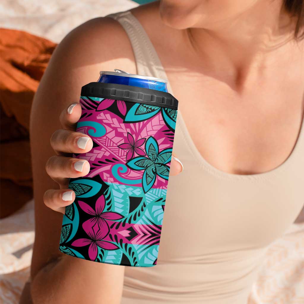 Plumeria Polynesian Pattern 4 in 1 Can Cooler Tumbler Unique Fantasy Pink Teal