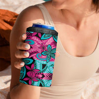 Plumeria Polynesian Pattern 4 in 1 Can Cooler Tumbler Unique Fantasy Pink Teal
