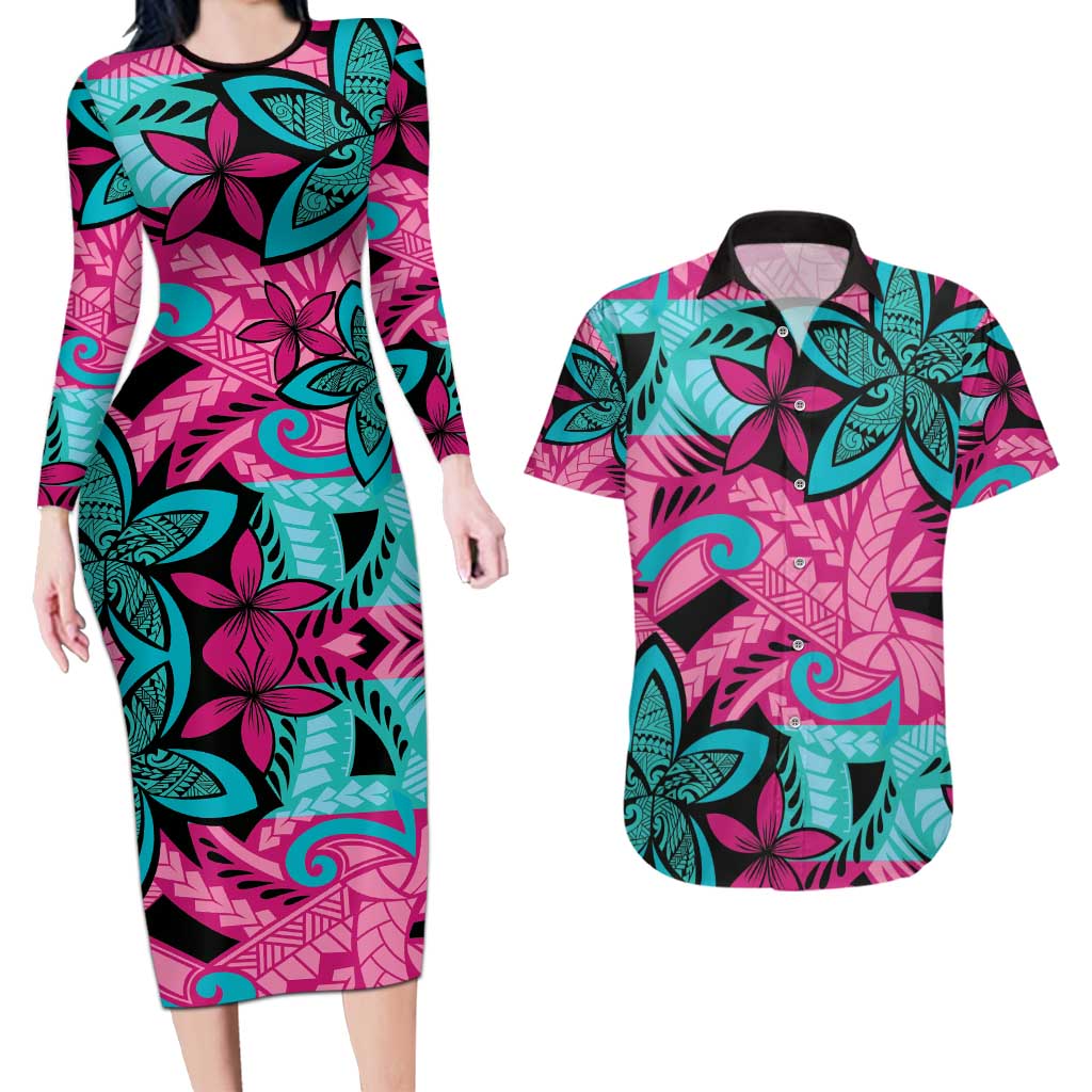 Plumeria Polynesian Pattern Couples Matching Long Sleeve Bodycon Dress and Hawaiian Shirt Unique Fantasy Pink Teal LT01 Pink - Polynesian Pride