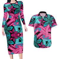 Plumeria Polynesian Pattern Couples Matching Long Sleeve Bodycon Dress and Hawaiian Shirt Unique Fantasy Pink Teal LT01 Pink - Polynesian Pride