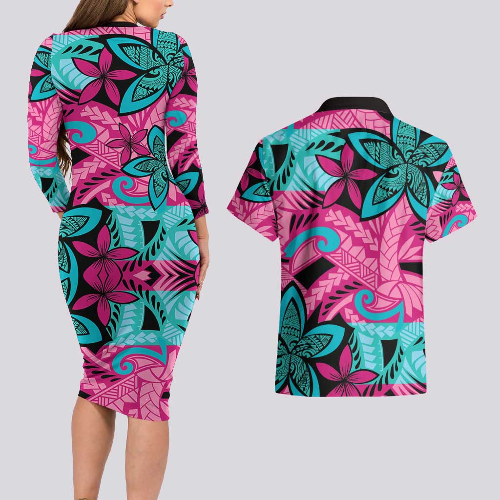 Plumeria Polynesian Pattern Couples Matching Long Sleeve Bodycon Dress and Hawaiian Shirt Unique Fantasy Pink Teal LT01 - Polynesian Pride