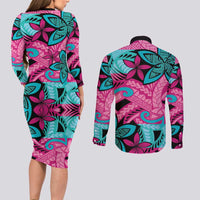 Plumeria Polynesian Pattern Couples Matching Long Sleeve Bodycon Dress and Long Sleeve Button Shirt Unique Fantasy Pink Teal