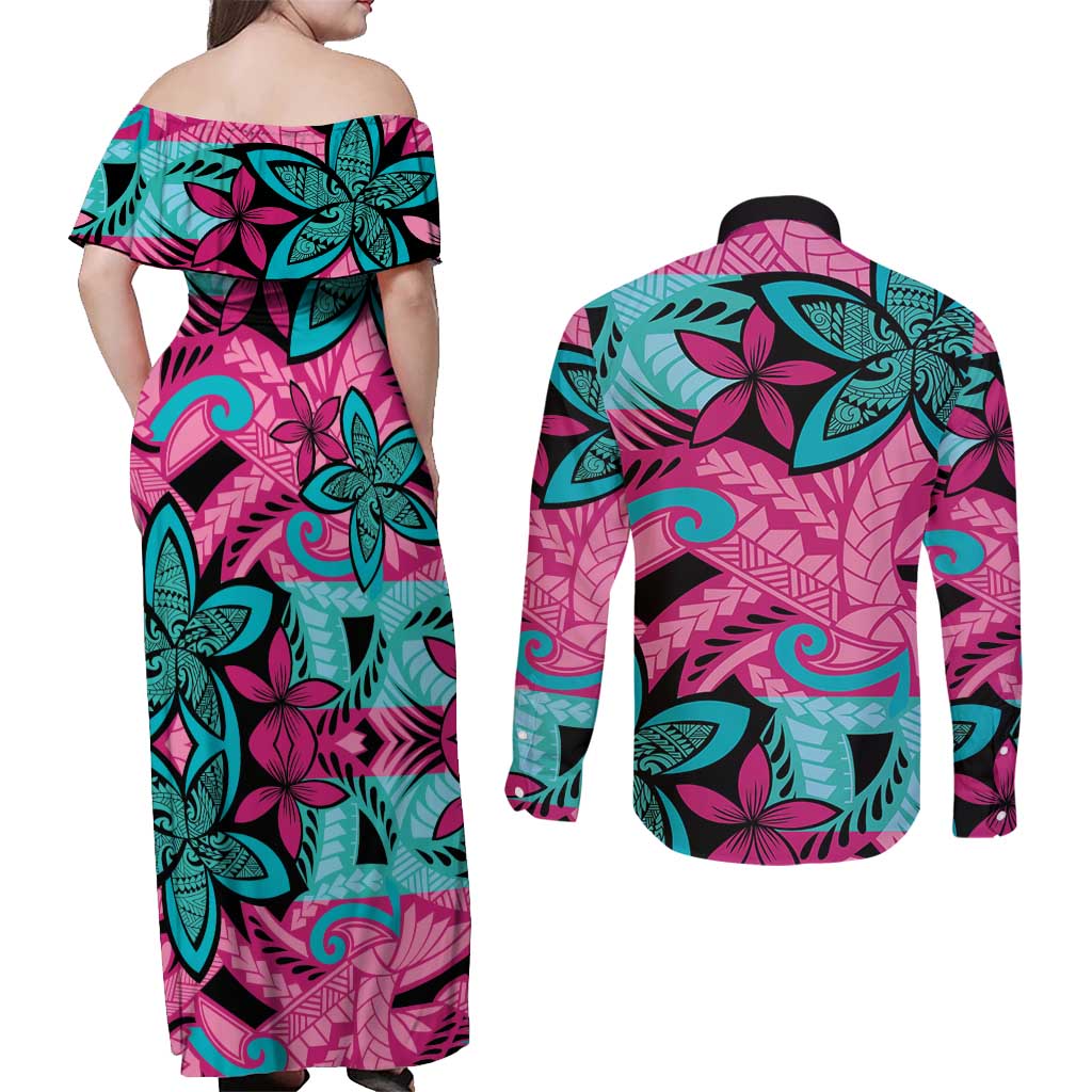 Plumeria Polynesian Pattern Couples Matching Off Shoulder Maxi Dress and Long Sleeve Button Shirt Unique Fantasy Pink Teal