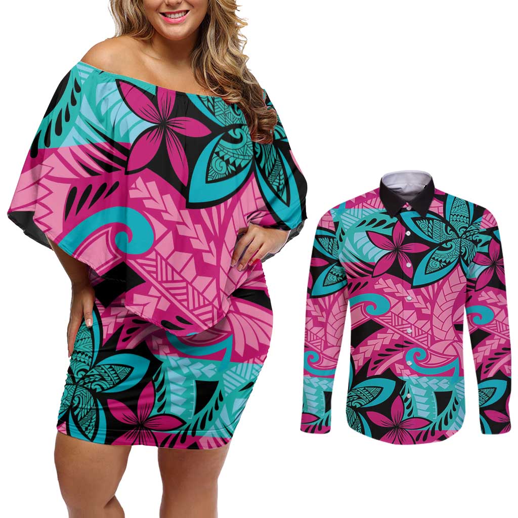 Plumeria Polynesian Pattern Couples Matching Off Shoulder Short Dress and Long Sleeve Button Shirt Unique Fantasy Pink Teal