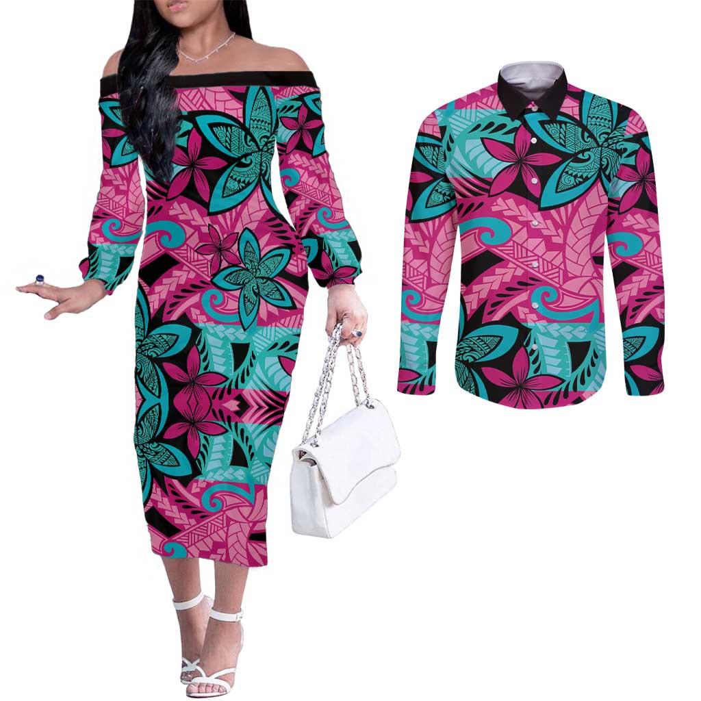 Plumeria Polynesian Pattern Couples Matching Off The Shoulder Long Sleeve Dress and Long Sleeve Button Shirt Unique Fantasy Pink Teal LT01 Pink - Polynesian Pride
