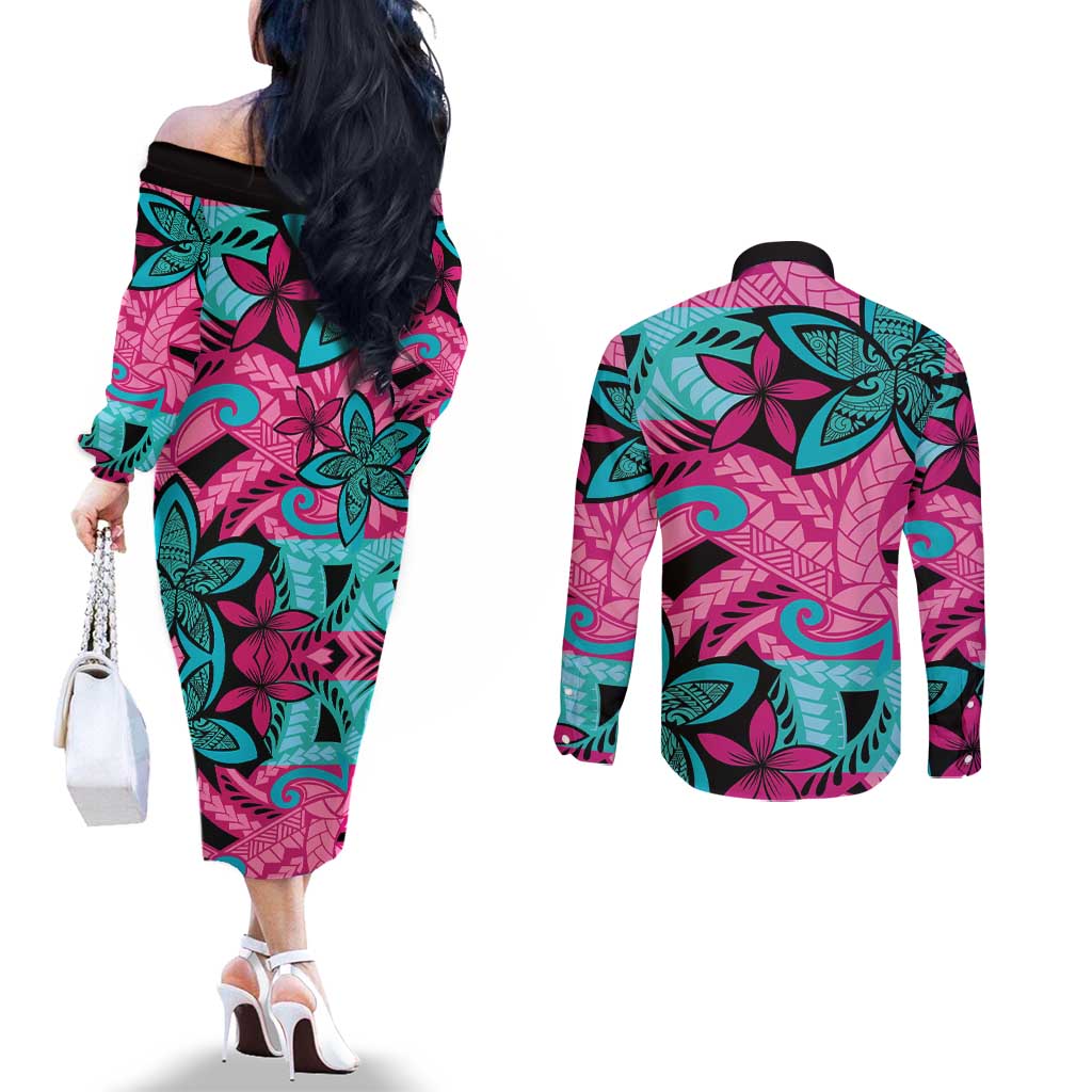 Plumeria Polynesian Pattern Couples Matching Off The Shoulder Long Sleeve Dress and Long Sleeve Button Shirt Unique Fantasy Pink Teal LT01 - Polynesian Pride