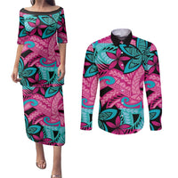 Plumeria Polynesian Pattern Couples Matching Puletasi and Long Sleeve Button Shirt Unique Fantasy Pink Teal