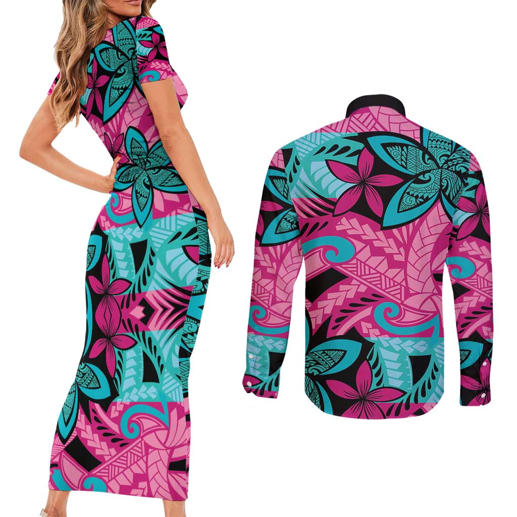Plumeria Polynesian Pattern Couples Matching Short Sleeve Bodycon Dress and Long Sleeve Button Shirt Unique Fantasy Pink Teal